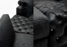 Lineares Sofa mit Chaise Longue und Hocker aus schwarzem Leder und mit Capitonné-Verarbeitung